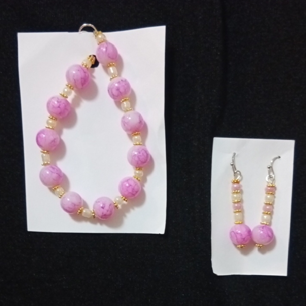 Handmade Pink and Gold Beaded Bracelet and Earring Set